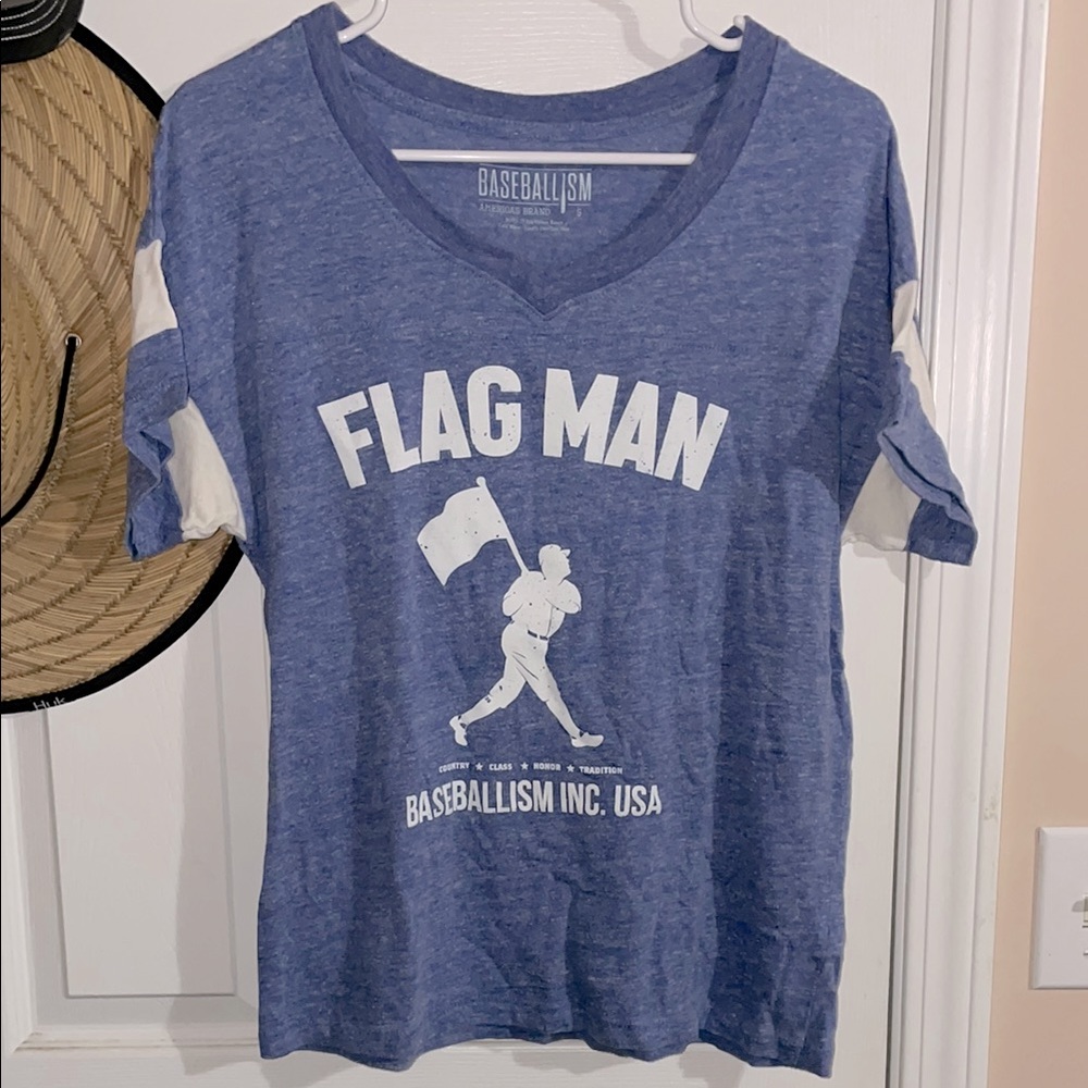 Blue Baseballism flag man women’s v-neck relaxed fit t-shirt small